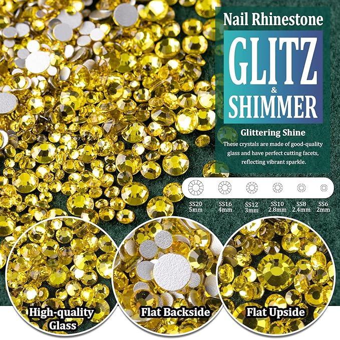 Multi Shapes Lemon Yellow 3D Glass Crystal Nail Art Rhinestones Kit with Flatback Round Bead Charm Gem Stone Jewelry Diamond with Pickup Pen + Tweezer for Manicure Makeup DIY Craft Decoration