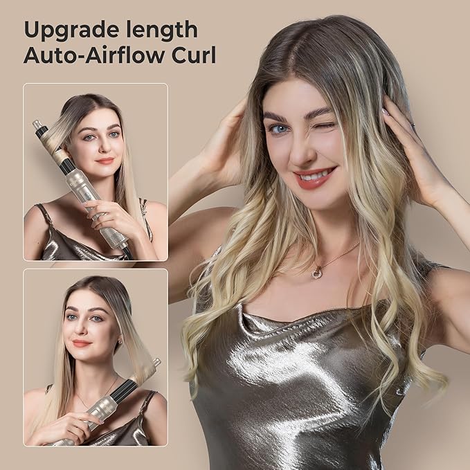 Blow Dryer Brush, 6 in 1 Auto Air Curling Iron Set 3 Temperature 1000W Powerful Negative Ionic Hair Dryer Brush Set with Thermal Brush, 60000RPM Hot Air Brush, Left&Right Curler Wand (Champagne Gold)