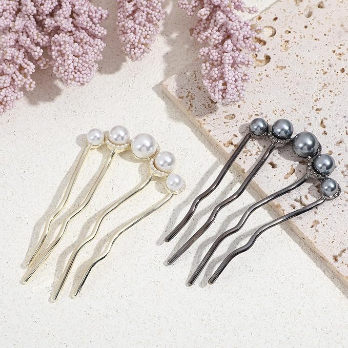 2Pcs Pearl U Shaped Hair Pins Metal Hair Fork Clips, Elegant Bridal Hair Side Comb Hair Pin for Women Girls, French Pearl Hair Styling Accessories for Bridal Wedding Daily Party Holiday