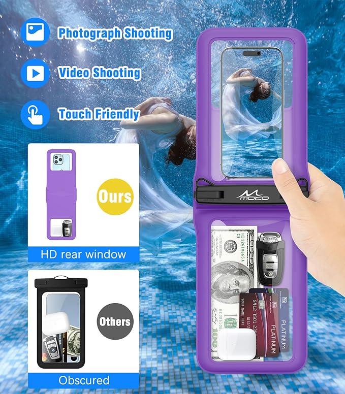 MoKo Double Case Waterproof Phone Pouch, 2Pack Waterproof Phone Case Dry Bag with Adjustable Lanyard Compatible with iPhone 15 14 Pro Max Galaxy S23 Ultra/Note 20 Ultra Up to 7 Inches, Black+Purple