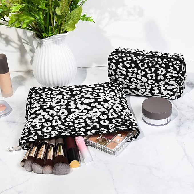 2 Pieces Leopard Print Makeup Bag Large Cosmetic Bag Capacity Canvas Mix Travel Toiletry Bag Organizer Cute Makeup Brushes Aesthetic Accessories Storage Bag for Women, Leopard Print Mix Black