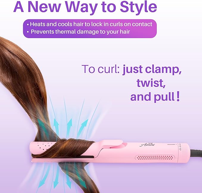 Asani 360° Airflow Styler - 2-in-1 Professional Curling Wand & Hair Straightener - Flat Iron Curler with Cooling Fan, Air Vents - Crimper Styling Tool for Volume & All-Day Curls - for All Hair (Pink)