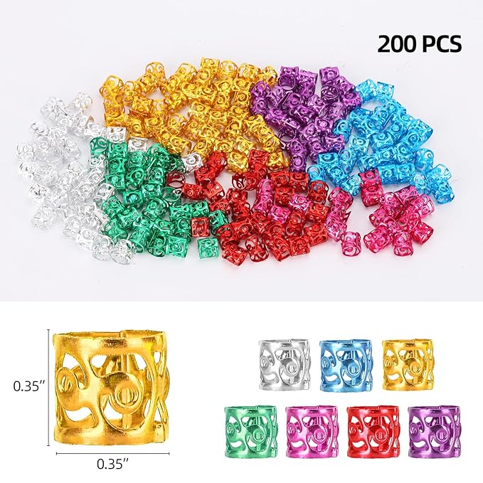 200 Pcs Dreadlocks Beads Hair Braid Rings Clips Dread Locks Hair Braiding Metal Cuffs Decoration Locs Accessories Multicolor