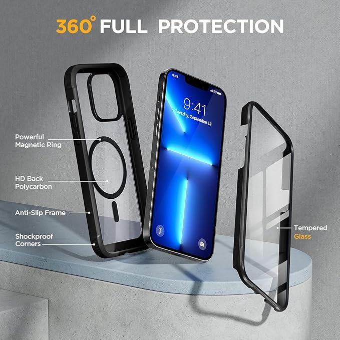 Miracase Magnetic Glass for iPhone 13 Pro Case,Compatible with MagSafe,Full-Body Bumper Phone case with Shockproof Military-Grade,Built-in 9H Tempered Glass Screen Protector for iPhone 13 Pro,Black