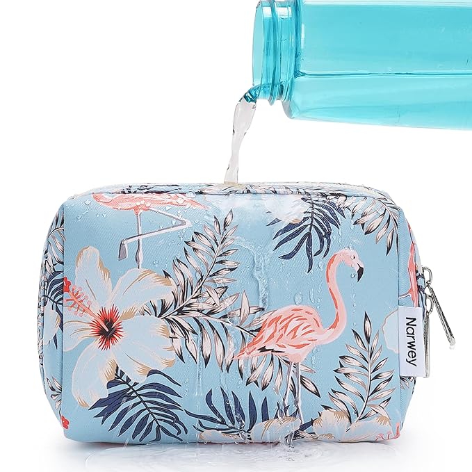 Narwey Small Makeup Bag for Purse Mini Cosmetic Bag Travel Makeup Pouch Zipper Pouch Cute Make up Bags with Compartments for Women Girls(Small, Aqua Flamingo)