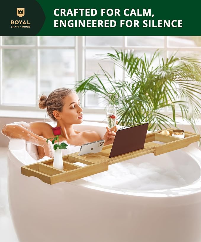 ROYAL CRAFT WOOD Premium Foldable Bathtub Tray - Wood Bath Tray for Tub, Bamboo Shelf, Expandable Bath Table Trays, Bathtub & Bathroom Accessories for New Home & Mothers Day & Birthday Gifts for Mom