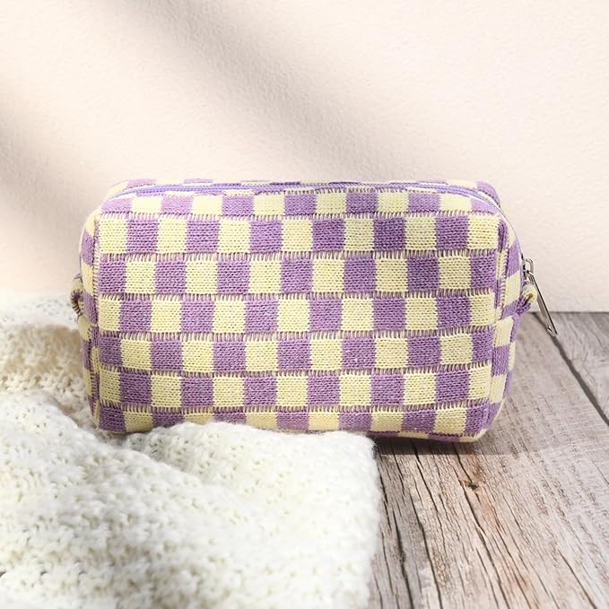 2 Pcs Checkered Makeup Bag Large Cosmetic Bag Toiletry Bag Makeup Pouch Travel Bag Organizer Cute Makeup Brushes Aesthetic Accessories Storage Bag for Women Purple