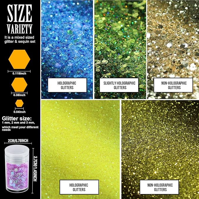 Teenitor Fine Glitters and Holographic Chunky Glitters for Nails, Assorted Glitter Slime, Festival Glitter for Nail Face Hair Body , Glitter for Resin Tumblers, 16+16pcs