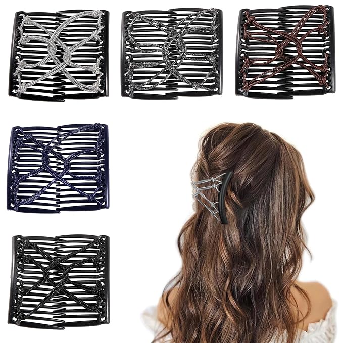 5 Pieces Stretchy Magic Adjustable Elastic Comb Hair Clips for Women Girls - No Crease Vintage Bun Maker Accessories for Curly Thick Wavy Hair Ponytails