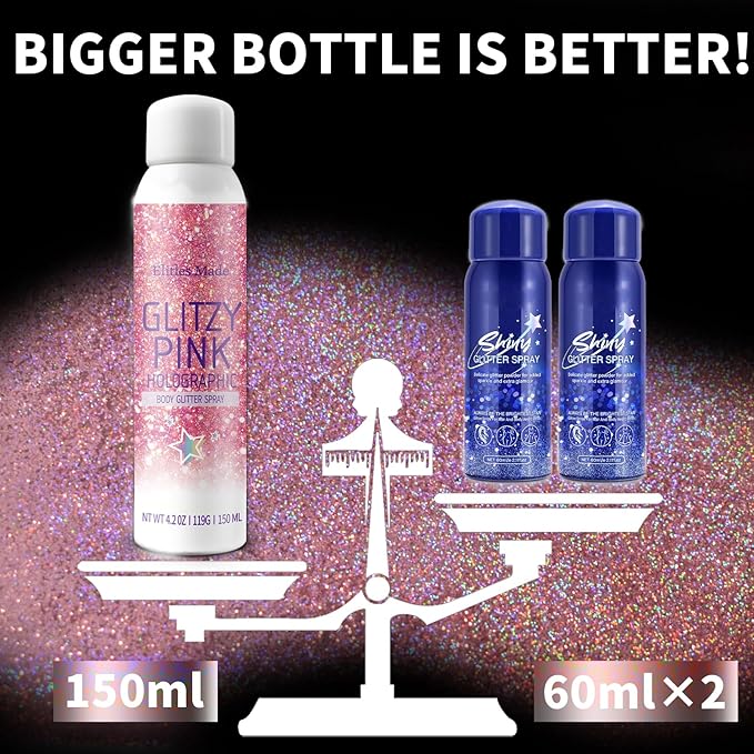 Body Glitte Spray, 150ML Pink Glitter Spray for Hair and Body, Long-Lasting and Quick-Drying Holographic Glitter Hairspray for Kids Women, Body Shimmer Festival Rave and Makeup 4.2 Fl Oz