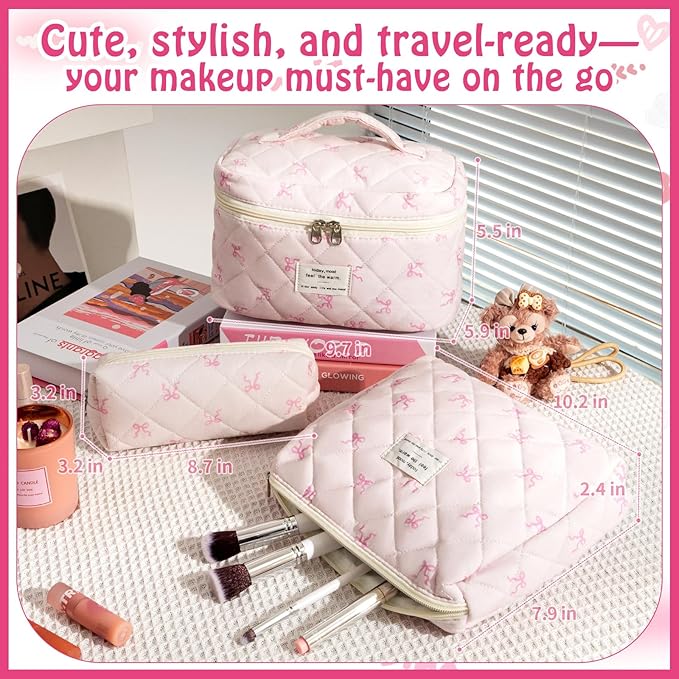 3 Piece Cute Pink Bow Quilted Makeup Bag Set, Large Capacity Travel Makeup Bags for Women and Girls, Includes Small, Medium, and Extra Large aesthetic makeup&Cosmetic Bags (3PCS-Pink SlimBow)