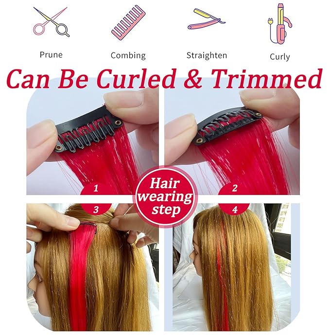 20 Inch Colored Hair Extensions Colored Hair Wig for Girls Straight Fashion Hairpieces Party Highlights 8 PCS (Red Green)