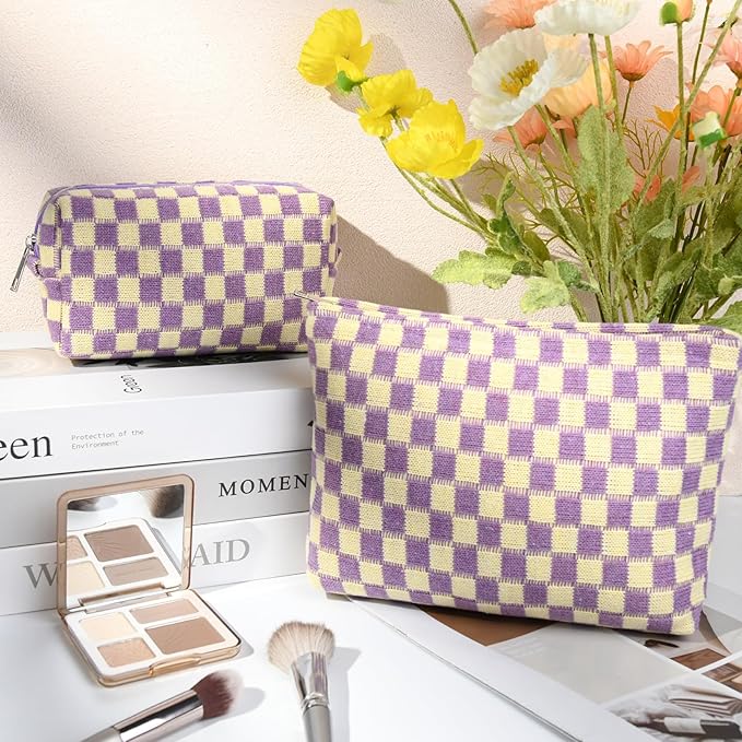 2 Pcs Checkered Makeup Bag Large Cosmetic Bag Toiletry Bag Makeup Pouch Travel Bag Organizer Cute Makeup Brushes Aesthetic Accessories Storage Bag for Women Purple