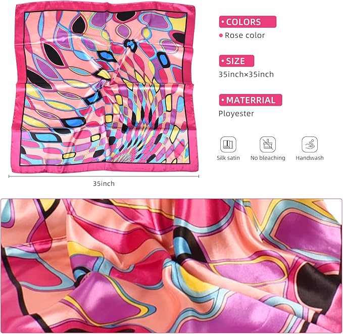 35 x 35 Women's Fashion Pattern Large Square Silk Like Hair Scarf Head Sleeping Wrap Satin Neck Bandana for Gift…