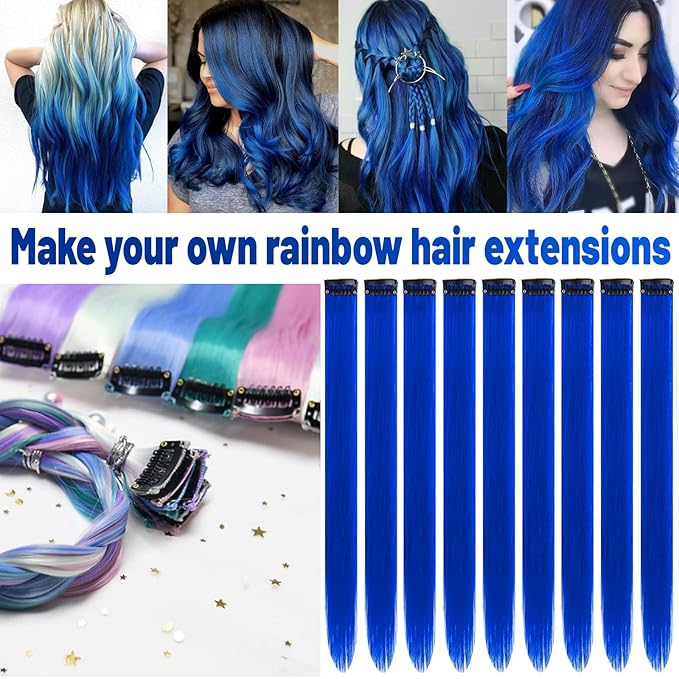 22 inch Colored Hair Extensions, Colorful Party Highlights Clip in Synthetic Hair Extensions for Girls Women Kids Favor Gift(10 PCS Blue)