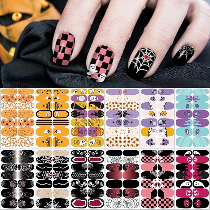12 Sheets Halloween Nail Wraps Stickers, Nail Polish Strips DIY Self-Adhesive Full Glitter Nail Art Decals Pumpkin Bat Ghost Spider Skull Pattern with 2 Piece Nail Files for Party Decor (168 Pieces)