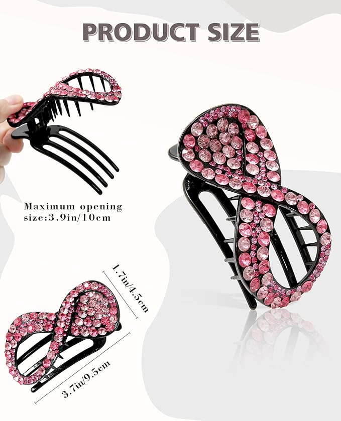5PCS Rhinestone French Hair Clips for Women Thick Hair No Slip Curved Claw Clips Strong Hold Flat Hair Clip (Curved(Medium,3.54"))