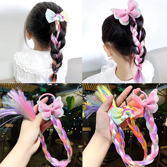Ozzwolle 6 Pcs Girls Braid Ponytail Extensions Hairpieces, Colored Braid Hair Extensions Hair Pieces for Kids Little Girls