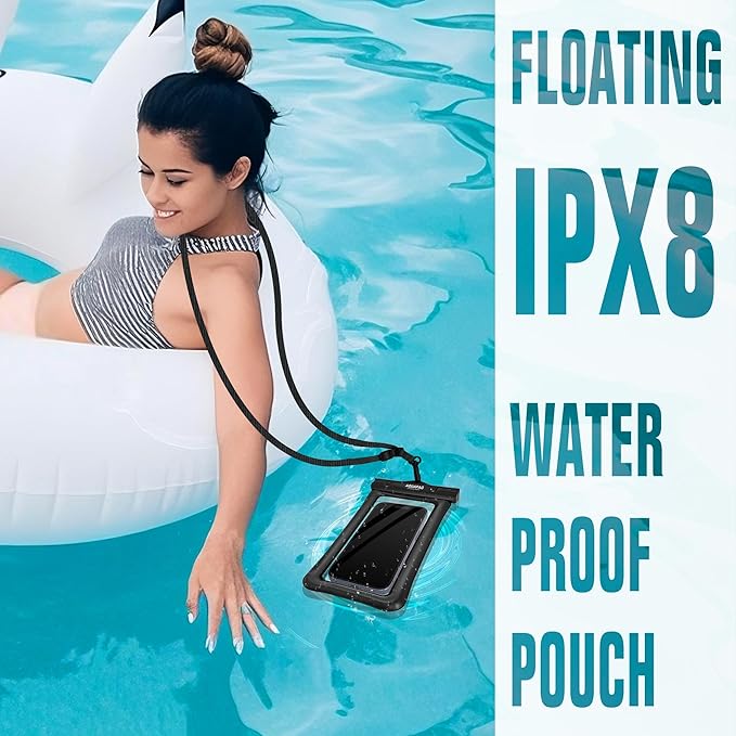 NEPHI IP68 Waterproof Phone Pouch 2 Pack-Up to 8.0",Adjustable Neck Lanyard Floating Waterproof Phone Case for iPhone,Phone Dry Bags for Vacation Beach Travel Essentials (Black White 2 Pack)
