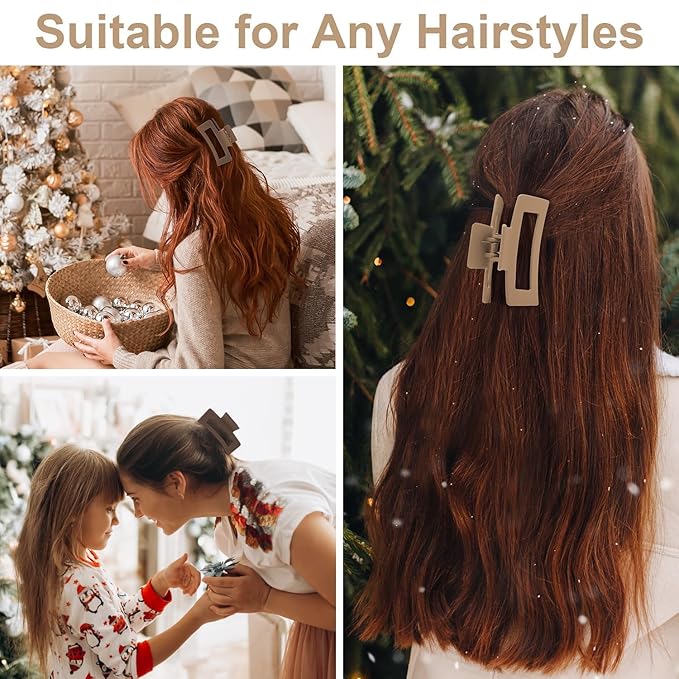 6 Pack Square Claw for Women Girls, 3.5" Medium Non-slip Rectangular Matte Clips Strong Hold Jumbo Hair Styling Accessories, Brown