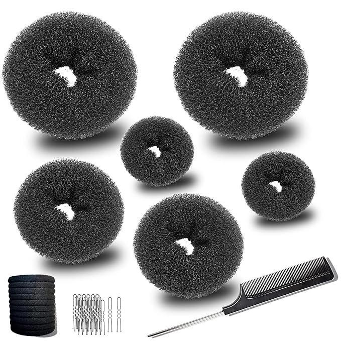 Hair Bun Maker Set, 37 Pieces (2 Large, 2 Medium, 2 Small) Donut Bun Makers, 10 Elastic Hair Ties, 20 Bobby Pins, 1 Comb - Black