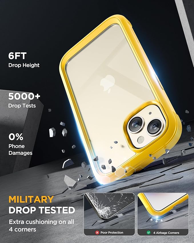 Miracase Glass Series Designed for iPhone 15 Plus Case 6.7',Full-Body Military Drop Proof 15 Plus Phone Case Cover with Built-in 9H Tempered Glass Screen Protector,Yellow