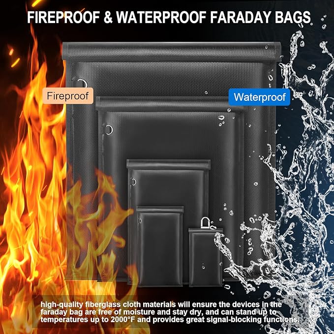 5 Pack Faraday Bags for Laptops & Tablets & Phones & Car Keys, Anti-Tracking Faraday Cage, Signal Blocker Pouch, Fireproof & Waterproof EMP Bag, Faraday Key Fob Protector