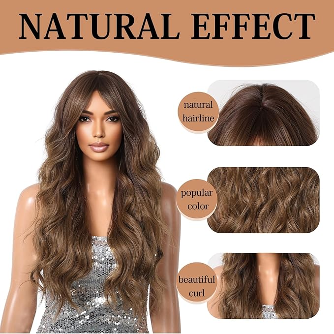 Ombre Brown Wig 26 Inch Long Curly Wigs for Women Synthetic Hair Wavy Wig,Natural Hair Wig With Bang for Daily Party Use