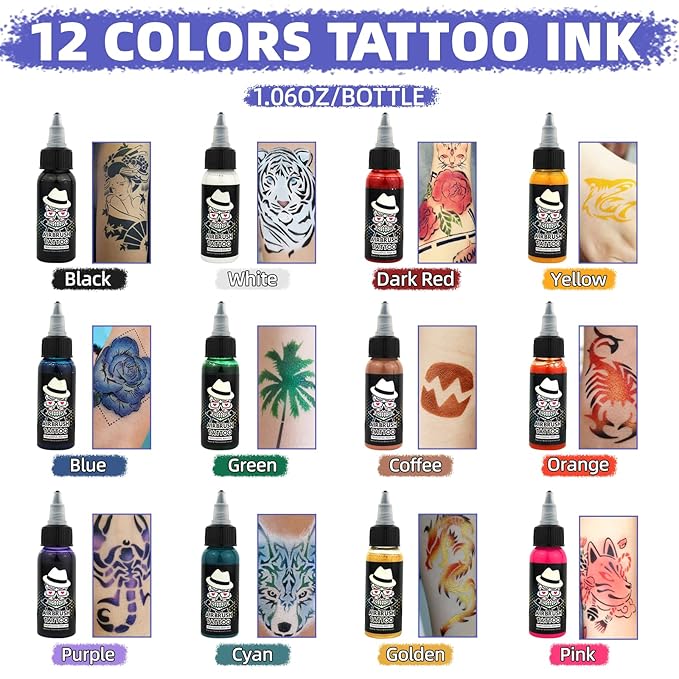 OPHIR Airbrush Body Paint, 12x Tattoo Ink Pigment Set for Temporary Tattoos, Body Colors 1.06oz/Bottle