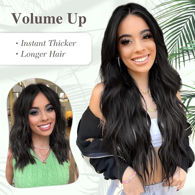 MORICA Halo Hair Extensions 20 Inch Natural Black Invisible Wire Hair Extensions,Long Wavy Synthetic Hairpiece with Transparent Wire Adjustable Size, 4 Secure Clips for Women