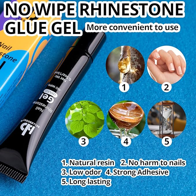 Nail Art Rhinestone Glue Gel&2 Boxes Flatback Gems Kit, 1 Tube of 15ml Rhinestone Gel Glue(UV/LED Needed)+Round Glass Crystal Clear Gemstones with Pickup Tools