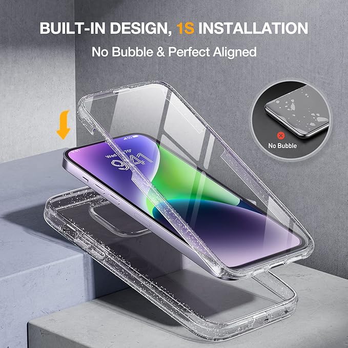 Miracase Glass Series Designed for iPhone 14 Plus Case 6.7 inch, 2023 Upgrade Full-Body Clear Bumper Case with Built-in 9H Tempered Glass Screen Protector and Camera Lens Protector,Glitter Clear