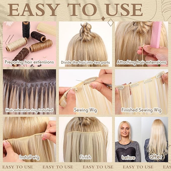 2500 Pcs Hair Extensions Micro Rings Links Beads and 5 Rolls Extensions Sewing Thread and 10 Pieces C/J/I Needles Kit for Human Hair Hand Sewing Wig DIY Craft