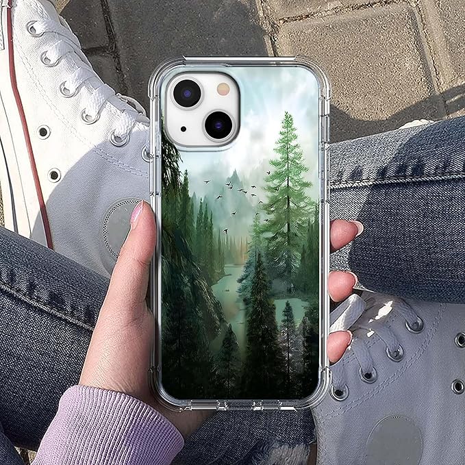 Case for iPhone 13 with Forest Design,Mountain and Birds Beautiful Scenery Nature Pattern,Soft TPU Bumper Phone Cover(13,Wood)