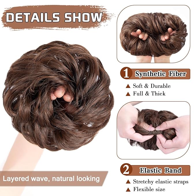 MORICA 1PCS Messy Hair Bun Hair Scrunchies Extension Curly Wavy Messy Bun Synthetic Chignon Hairpieces for Women (4/30#(Dark Brown & Light Auburn Mixed))