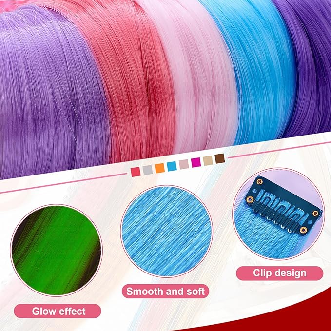 20 Pcs Glow in the Dark Colored Hair Extensions Clip 20 Inch Rainbow Party Hairpiece for Women, 10 Color(Dark Purple, Blue, Pink, Watermelon Red, Light Purple)