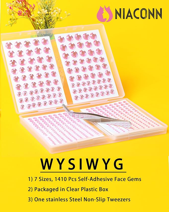 NIACONN 1760 Pcs Pink Hair Jewels Face Gems Stick on, Self Adhesive Glitter Rhinestones Stickers for Women Body Eyes Nails Festival Halloween Makeup & Crafts