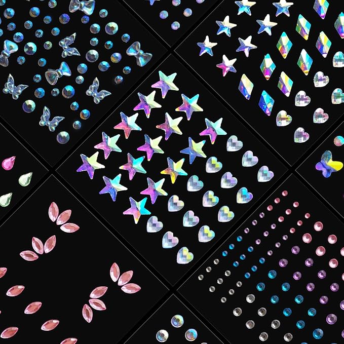 9 Sheets Eye Body Face Gems Makeup Jewels Rhinestone Stickers Self Adhesive Crystal Rainbow Makeup Diamonds Face Stick Gems for Women Festival Accessory and Nail Art Decorations