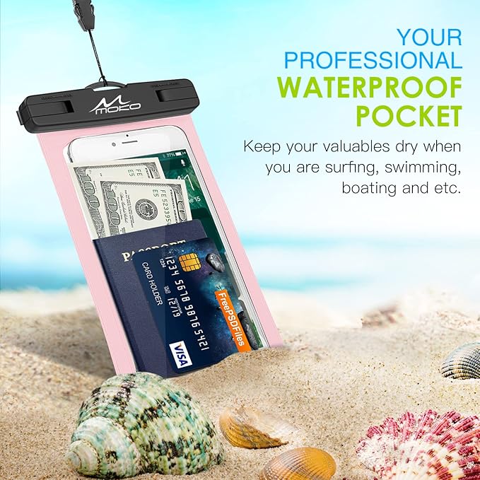 MoKo Waterproof Phone Pouch Holder, Cellphone Case Dry Bag with Lanyard Armband Compatible with iPhone 16 15 14 13 12 11 Pro Max X/Xr/Xs Max/SE 3, Samsung S24/S23/S21/S20/S10/S9, Pearly Pink