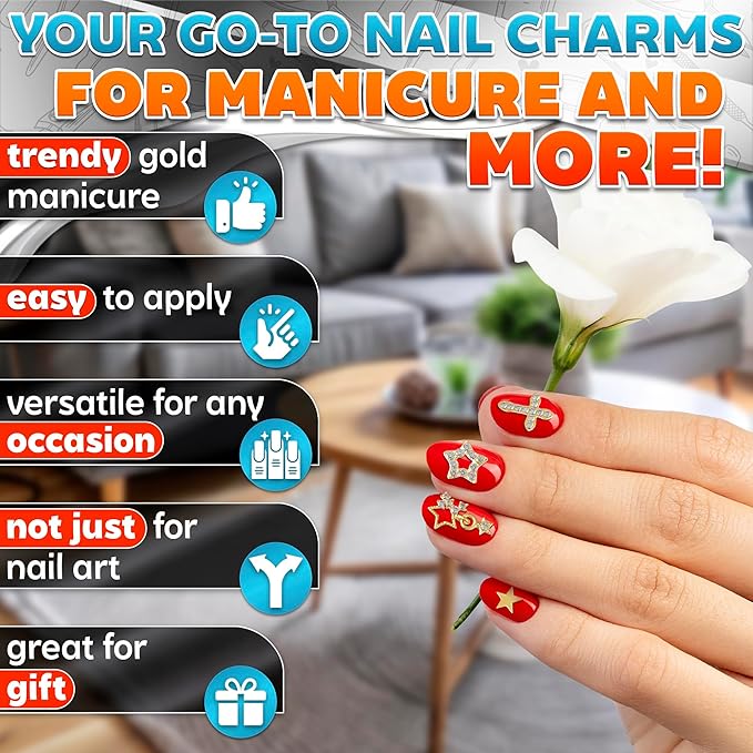 110 Pcs Gold Nail Charms and Gems – Complete Art Kit with Gold Star Nail Charms, Planets, Moon, Crosses & Rocket – Designed for Creating Detailed, Custom Designs with Easy Application