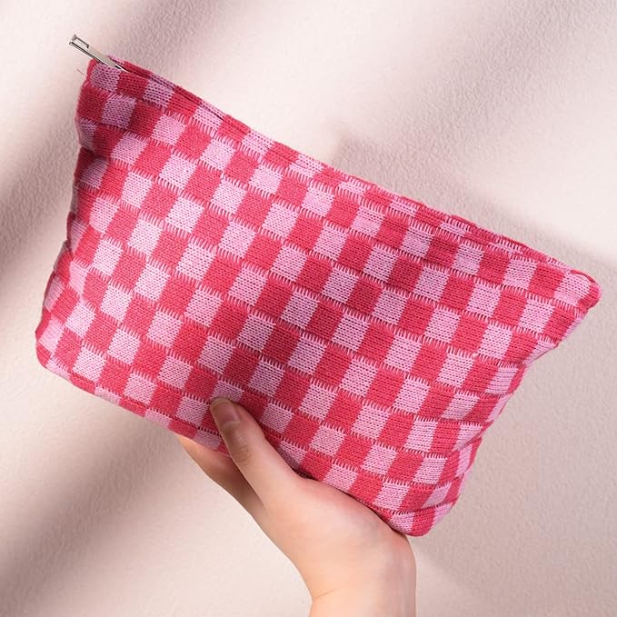 2 Pieces Makeup Bag Large Checkered Cosmetic Bag Capacity Canvas Travel Toiletry Bag Organizer Cute Makeup Brushes Aesthetic Accessories Storage Bag for Women, Checkered L Green Rose red