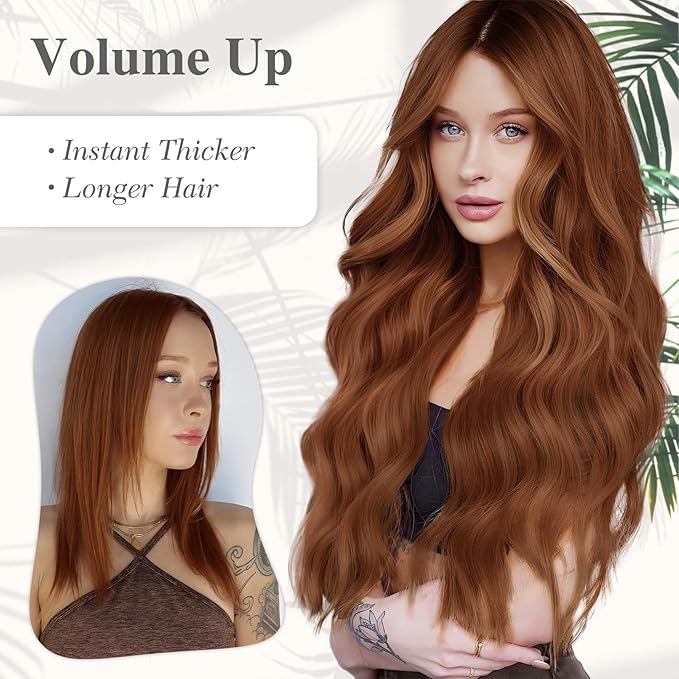 MORICA Halo Hair Extensions 20 Inch Auburn Invisible Wire Hair Extensions, Long Wavy Synthetic Hairpiece with Transparent Wire Adjustable Size, 4 Secure Clips for Women