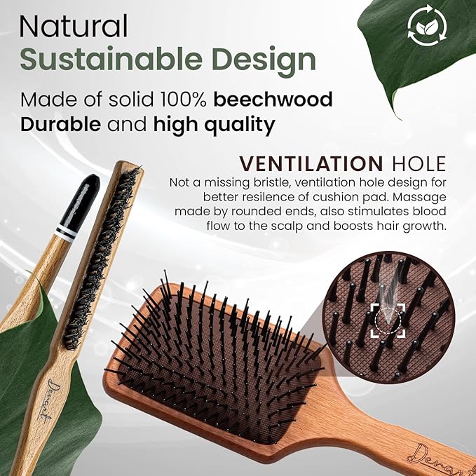 2 Packs Wooden Hand Made Detangling Paddle and Teasing Boar Bristle Hairbrush, Comfortable Gently Detangles, Reduce breakage, Pain-Tangle Free Brushing, All Wet, Dry Hair Types, Women, Men