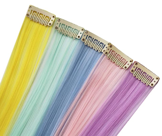 10 PCS Colored Hair Extensions, Multi-colors Party Highlights Clip in Heat-Resistant Synthetic Hair Extensions 20 Inch (Light blue Light pink Light green Light purple Yellow)