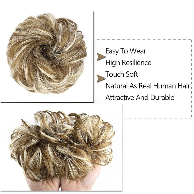 MORICA 1PCS Messy Hair Bun Hair Scrunchies Extension Curly Wavy Messy Bun Hair Synthetic Chignon Hairpieces for Women(12AH613(Light Golden Brown & Lightest Blonde))