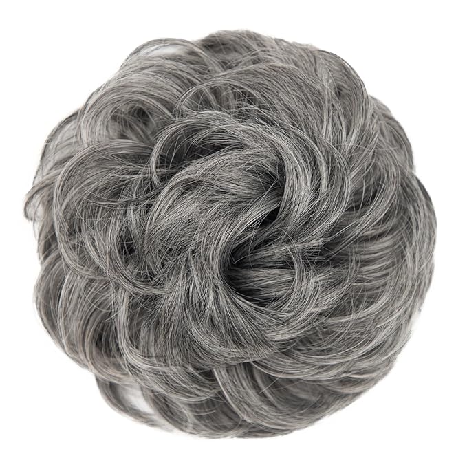 MORICA Messy Bun Hair Piece - Elastic Wavy Curly Hair Bun Scrunchies Extensions Synthetic Chignon Hairpieces for Women Girls((Gray and White Tips))