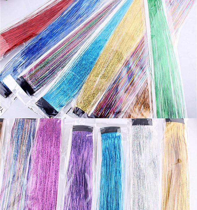 9 PCS Girls Hair Accessories Party Highlights Colorful Clip in Tinsel Hair Extensions,Synthetic Straight Long Hairpieces (Rainbow Color)