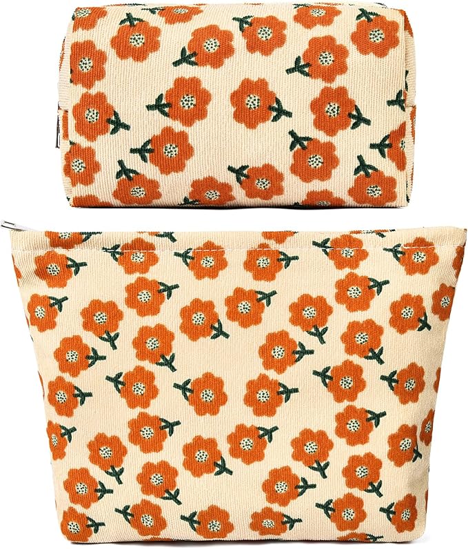 2 Pieces Flower Makeup Bag Large Corduroy Cosmetic Bag Capacity Canvas Mix Travel Toiletry Bag Organizer Cute Makeup Brushes Aesthetic Accessories Storage Bag for Women, Flower Mix Orange