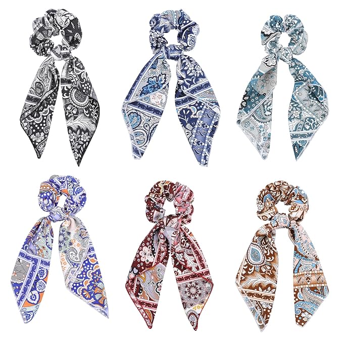 Paisley Scrunchie Scarfs Large Hair Bow Scrunchies Chiffon Hair Scarf Ties Long Tail Ponytail Holders Bandana Scrunchy Ribbons Fashion Hair Scarves Bows Bands Accessories for Women with 6PCS