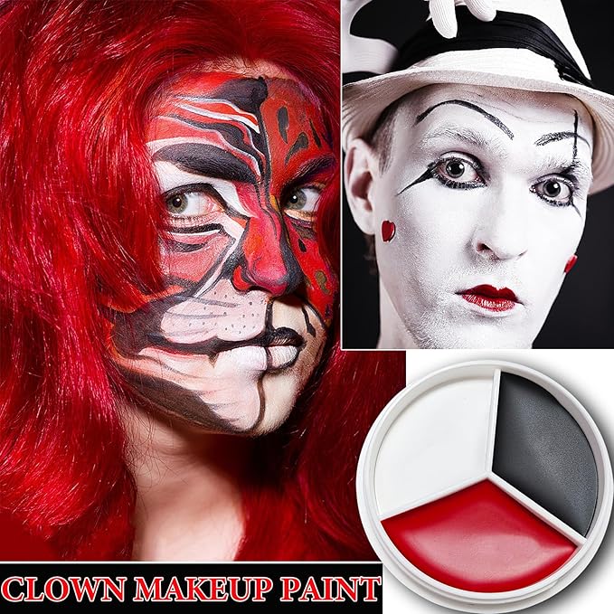 2Pcs Clown Black White Red Face Paint,Professional Waterproof Body Paint Halloween Makeup Kit Face Paint Clown Cosplay Costume Joker SFX Zombie Face Painting White Makeup